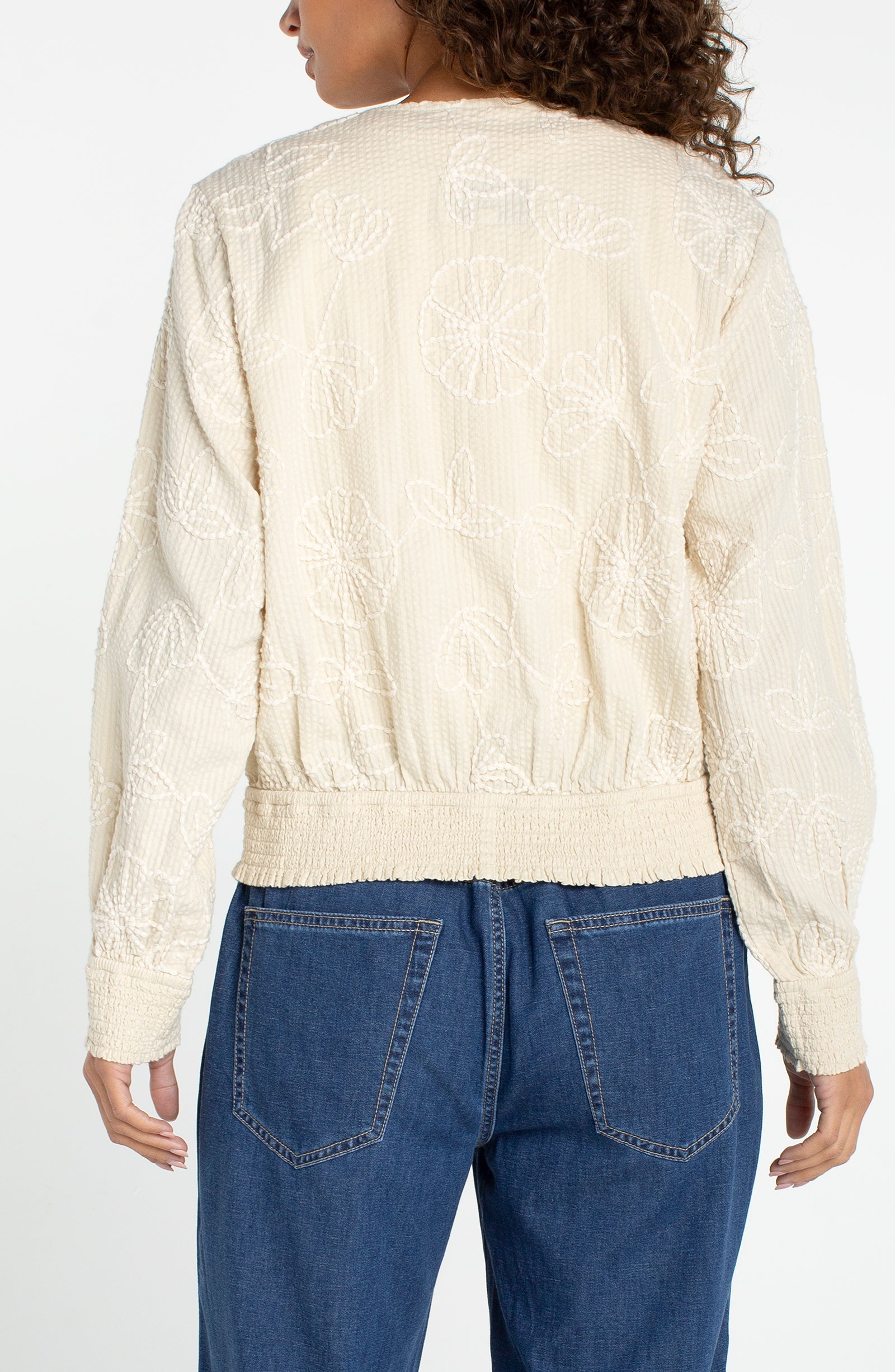 Long Sleeve Collarless Jacket w/Smocking in beige floral cotton, relaxed fit by LIVERPOOL LOS ANGELES