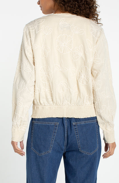 Long Sleeve Collarless Jacket w/Smocking in beige floral cotton, relaxed fit by LIVERPOOL LOS ANGELES