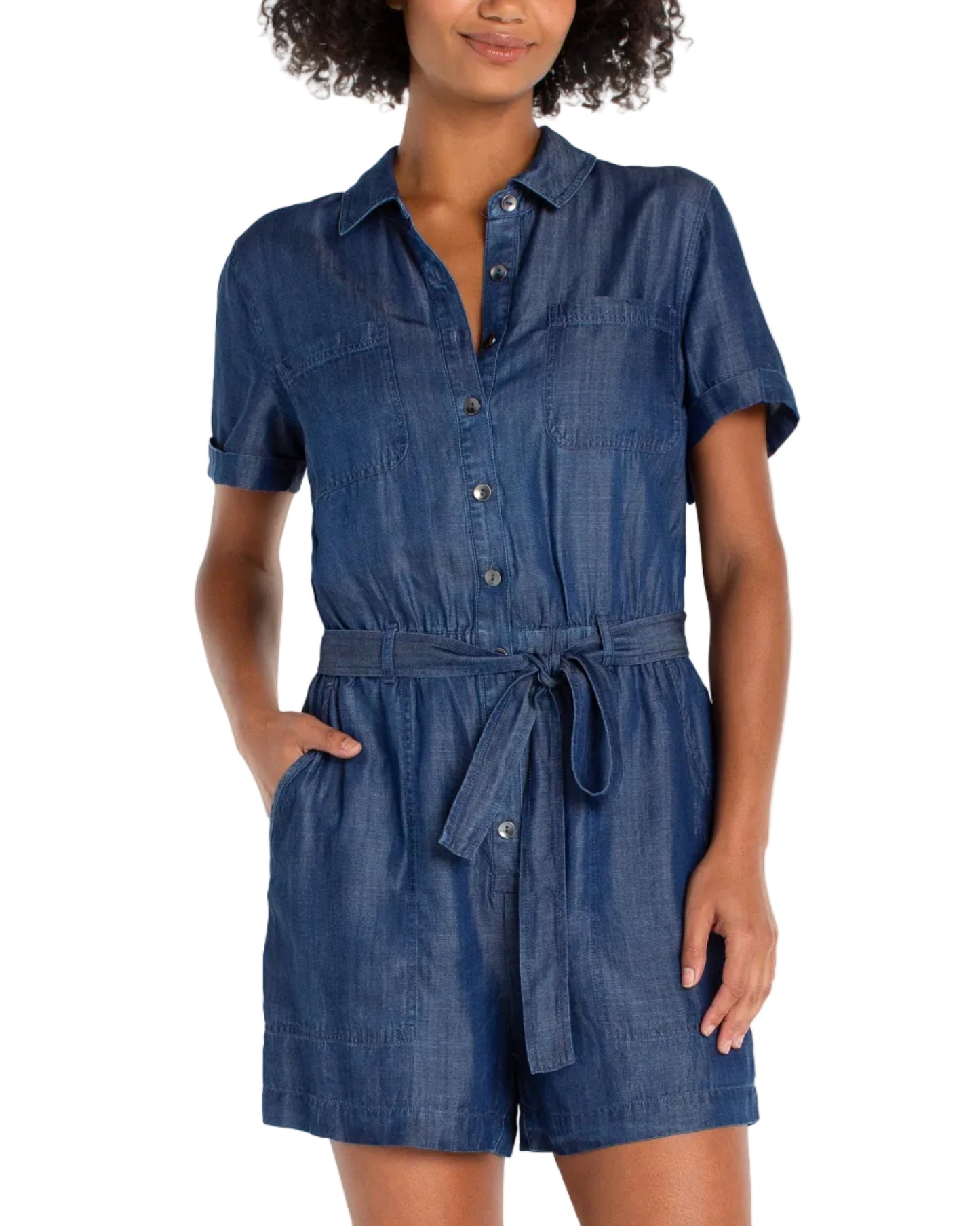 Short Sleeve Romper w/Self Tie in blue denim with utility pockets, tie waist, curated in Fredericksburg TX