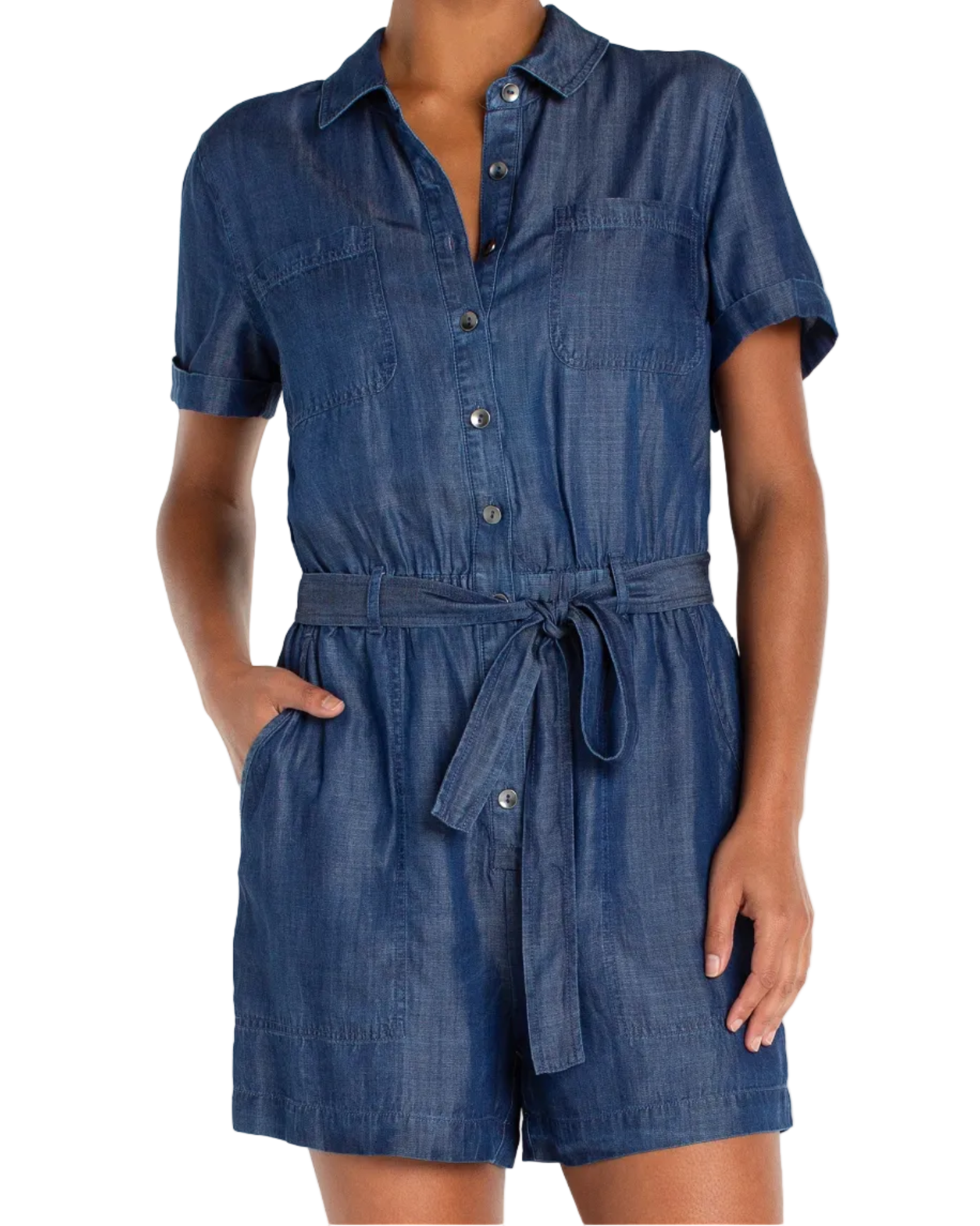 Short Sleeve Romper w/Self Tie in blue denim with utility pockets, tied waist, curated Fredericksburg TX