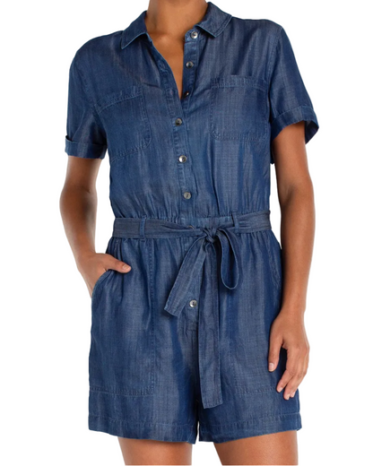 Short Sleeve Romper w/Self Tie in blue denim with utility pockets, tied waist, curated Fredericksburg TX