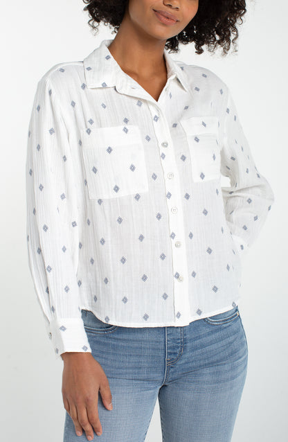 Long Sleeve Button Front w/High Low Hem in white cotton with subtle dot print by LIVERPOOL LOS ANGELES