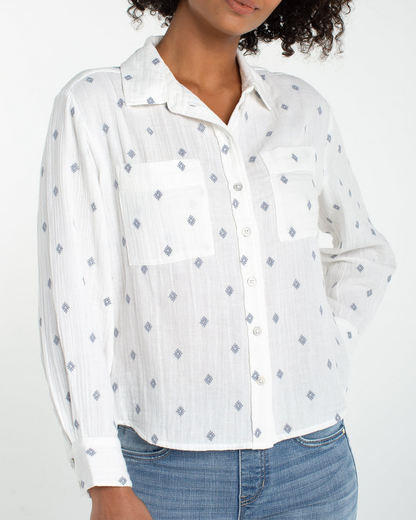 Long Sleeve Button Front w/High Low Hem in white cotton with subtle dot pattern by LIVERPOOL LOS ANGELES
