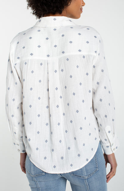 Long Sleeve Button Front w/High Low Hem in white cotton with subtle dot pattern by LIVERPOOL LOS ANGELES