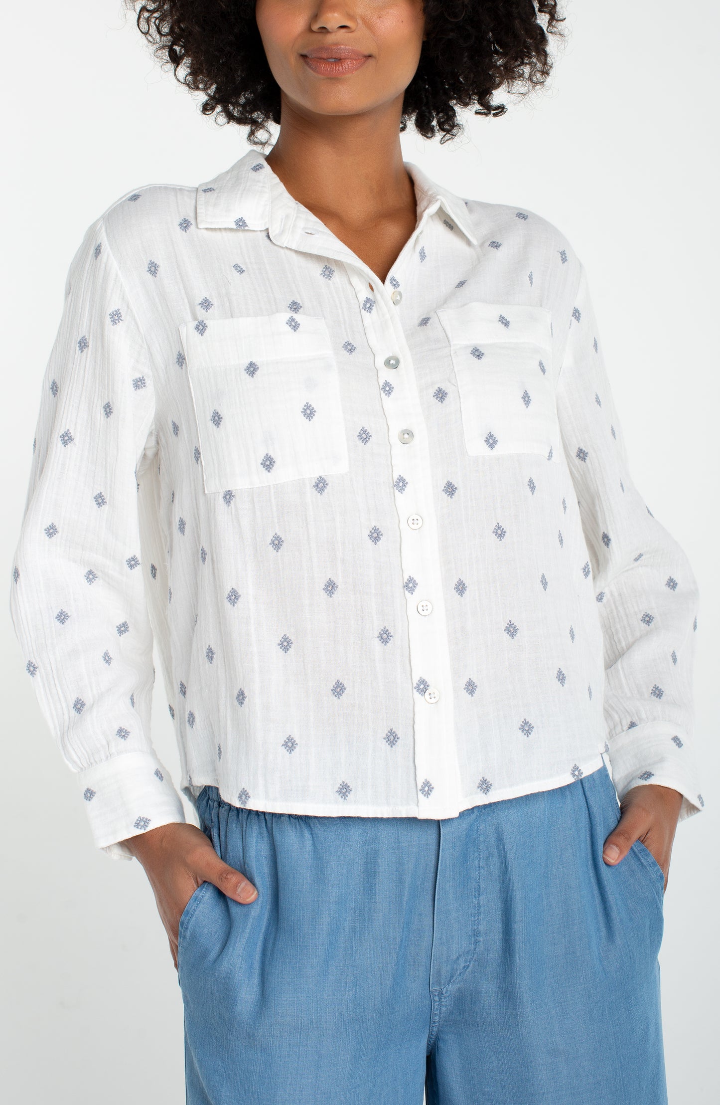 Long Sleeve Button Front w/High Low Hem in white cotton with subtle dot pattern by LIVERPOOL LOS ANGELES