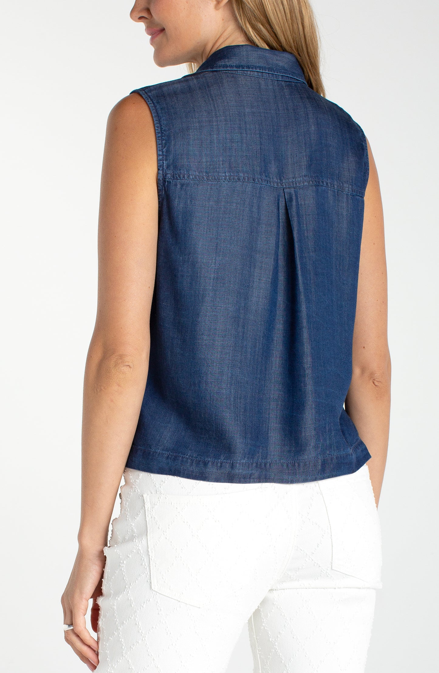 Sleeveless Button Top w/Pockets in blue with back pleat, lightweight fabric from LIVERPOOL LOS ANGELES