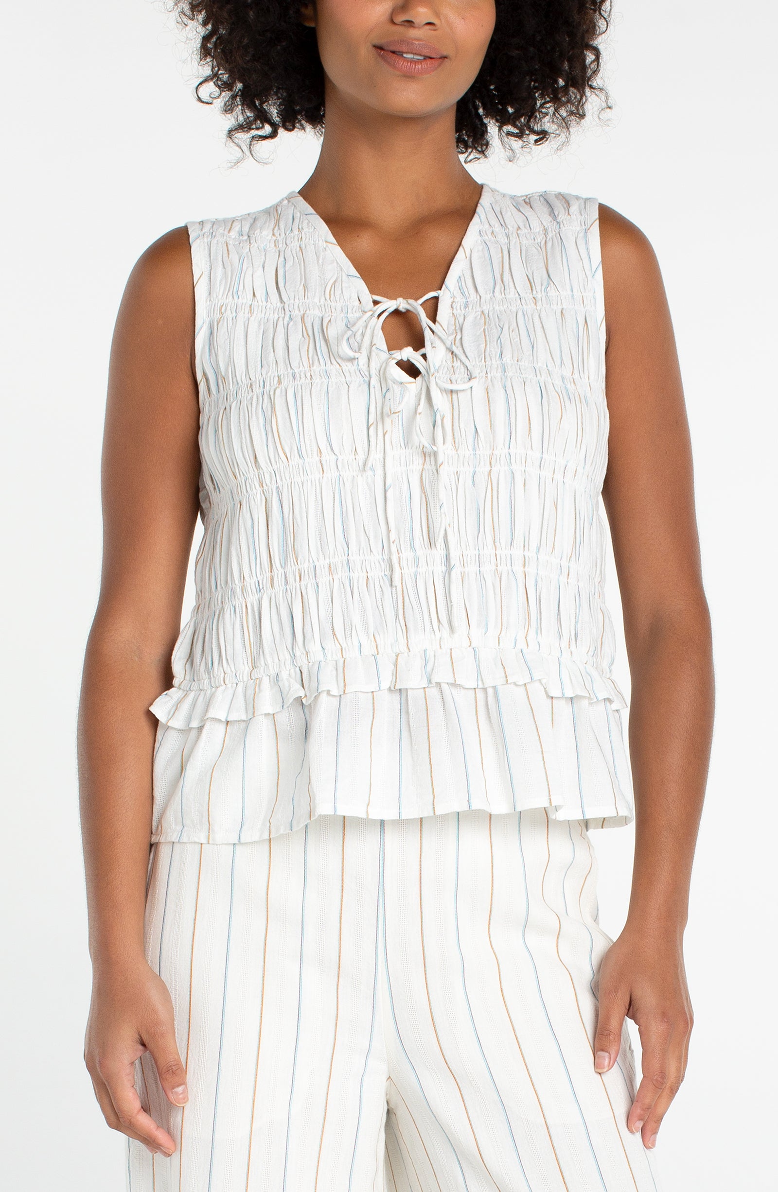 Sleeveless Tie Front Woven Top w/Smocking in striped pattern by LIVERPOOL LOS ANGELES