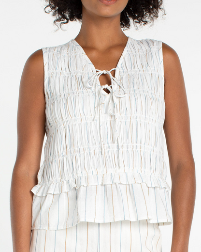 Sleeveless Tie Front Woven Top w/Smocking in white with subtle vertical stripes by LIVERPOOL LOS ANGELES