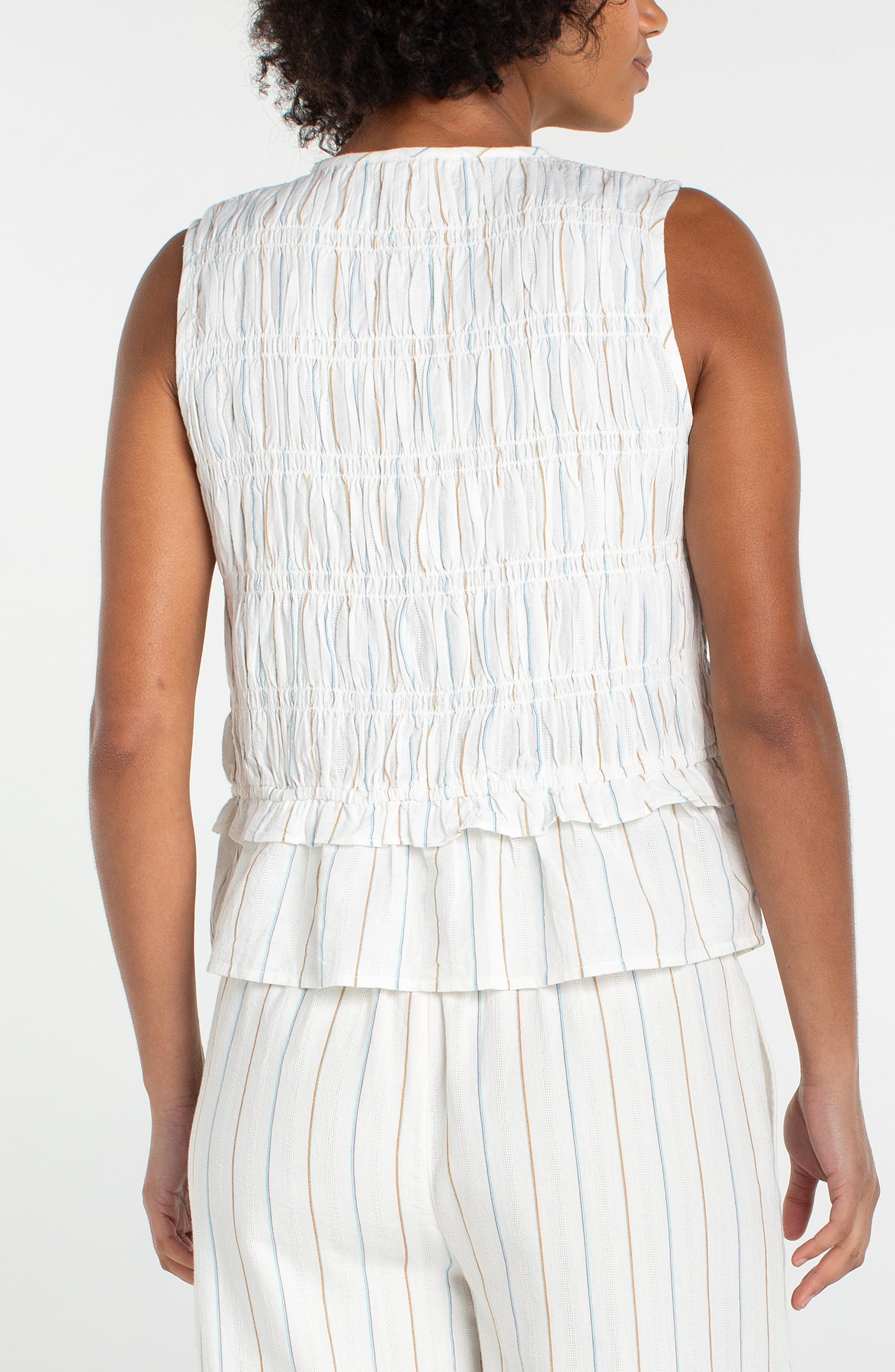 Sleeveless Tie Front Woven Top w/Smocking in striped pattern from LIVERPOOL LOS ANGELES