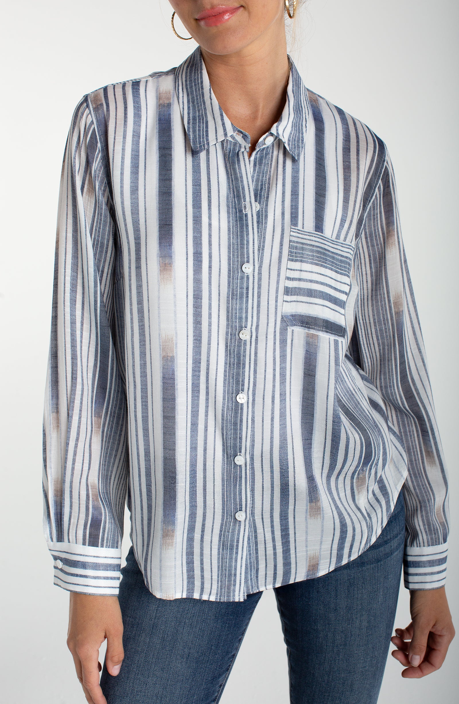 Long Sleeve Button Front Woven Shirt w/BK Seaming in blue stripe by LIVERPOOL LOS ANGELES