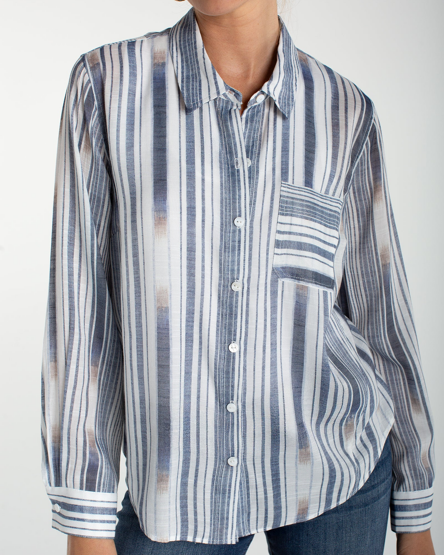 Long Sleeve Button Front Woven Shirt w/BK Seaming with multi-stripe pattern by LIVERPOOL LOS ANGELES