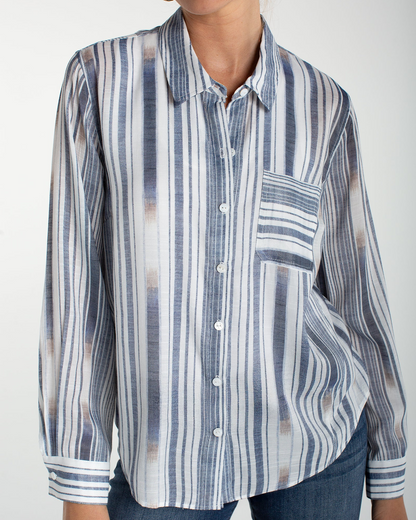 Long Sleeve Button Front Woven Shirt w/BK Seaming with multi-stripe pattern by LIVERPOOL LOS ANGELES