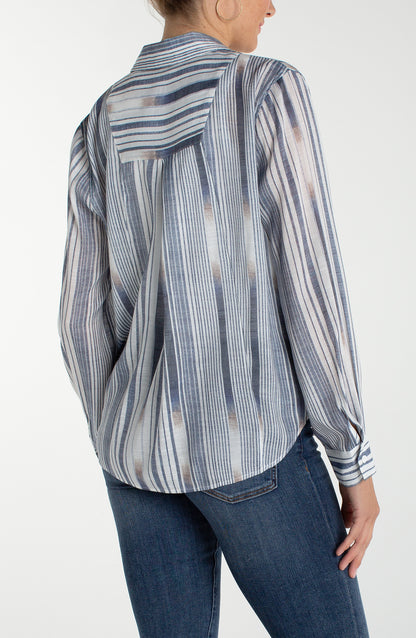 Long Sleeve Button Front Woven Shirt w/BK Seaming with blue multi-stripe details by LIVERPOOL LOS ANGELES