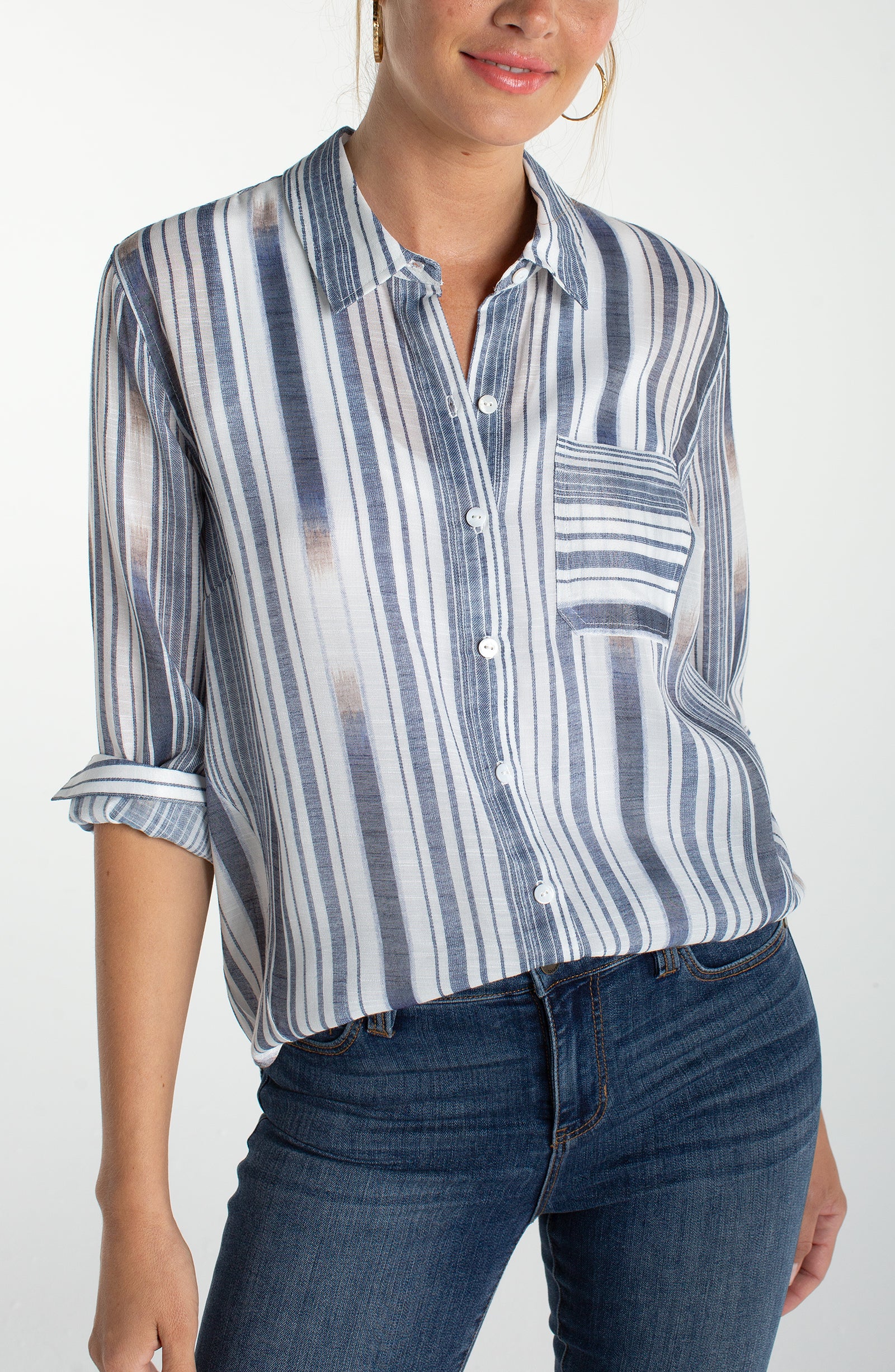 Long Sleeve Button Front Woven Shirt w/BK Seaming in soft blue stripe by LIVERPOOL LOS ANGELES