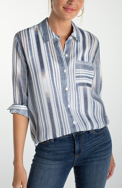 Long Sleeve Button Front Woven Shirt w/BK Seaming in soft blue stripe by LIVERPOOL LOS ANGELES