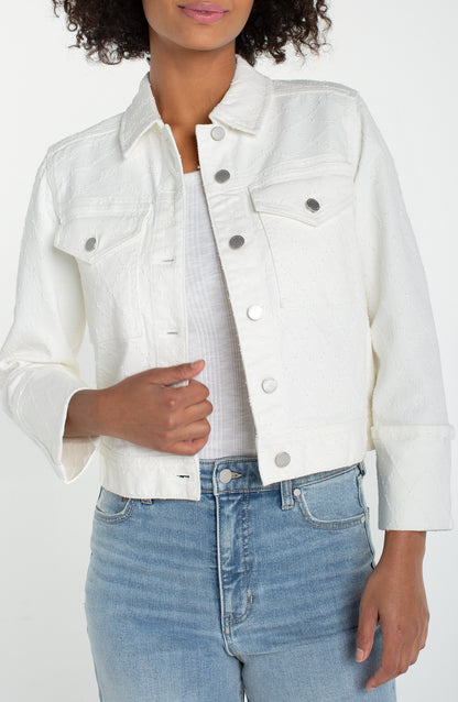 Cropped Jacket w/Bracelet Length Cuff Sleeve in white with tonal diamond stitch by Liverpool Los Angeles