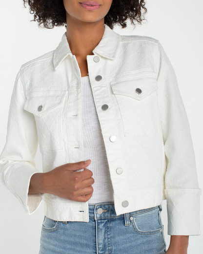 Cropped Jacket w/Bracelet Length Cuff Sleeve in white with tonal diamond stitching by LIVERPOOL LOS ANGELES