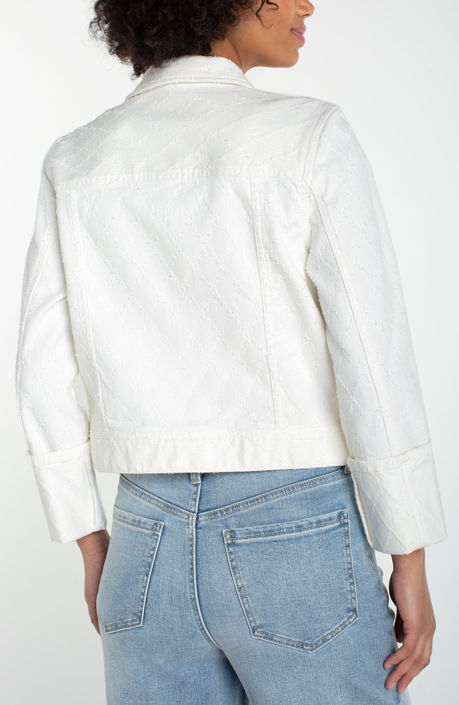 Cropped Jacket w/Bracelet Length Cuff Sleeve in white with subtle diamond texture by LIVERPOOL LOS ANGELES