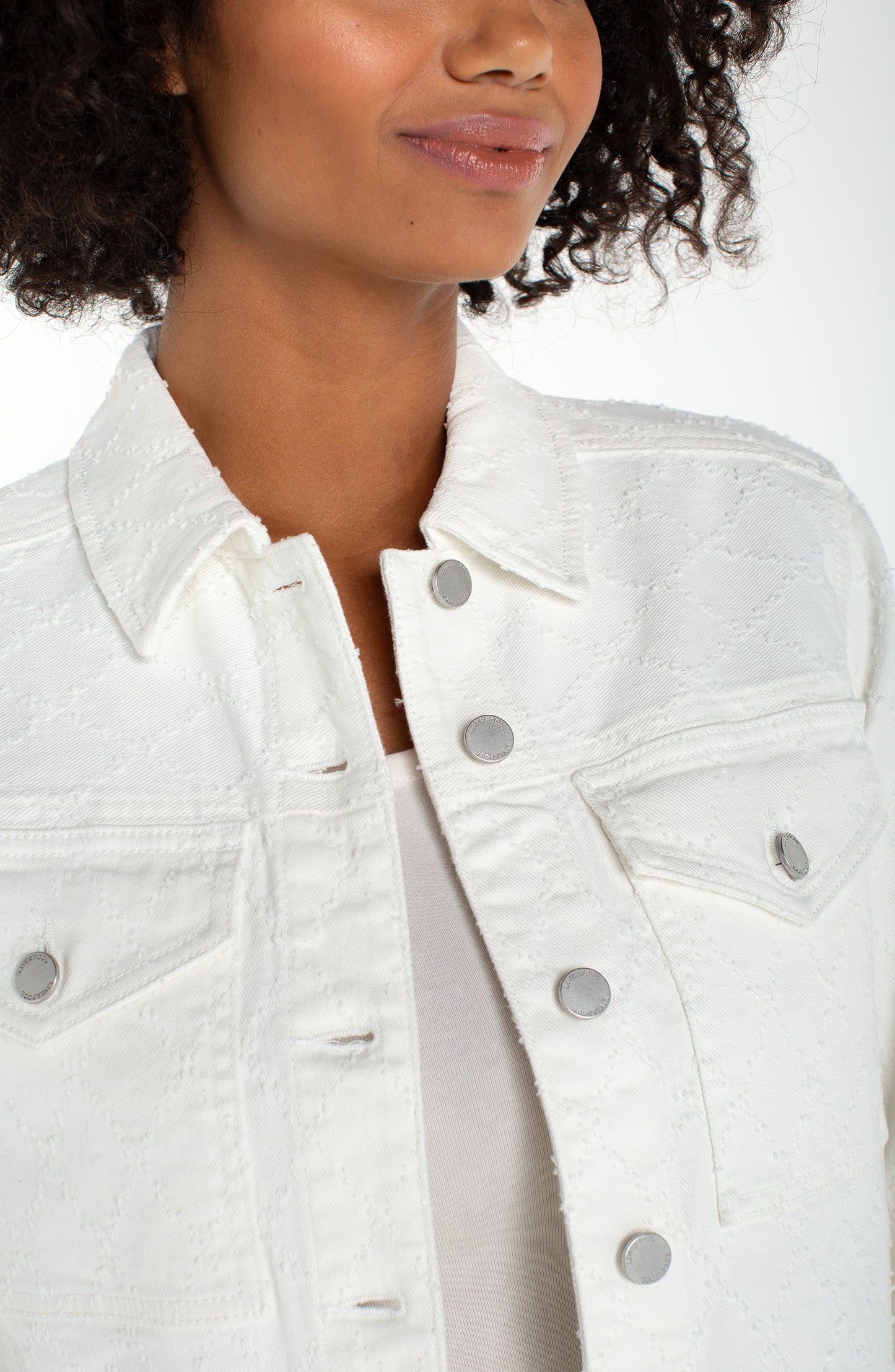 Cropped Jacket w/Bracelet Length Cuff Sleeve in white with tonal diamond stitch by LIVERPOOL LOS ANGELES