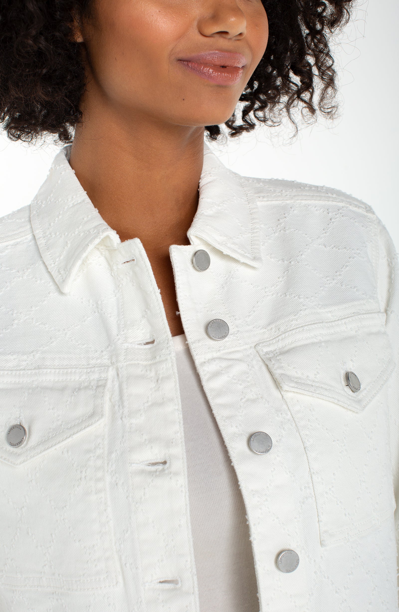 Cropped Jacket w/Bracelet Length Cuff Sleeve in white with tonal diamond stitch by LIVERPOOL LOS ANGELES