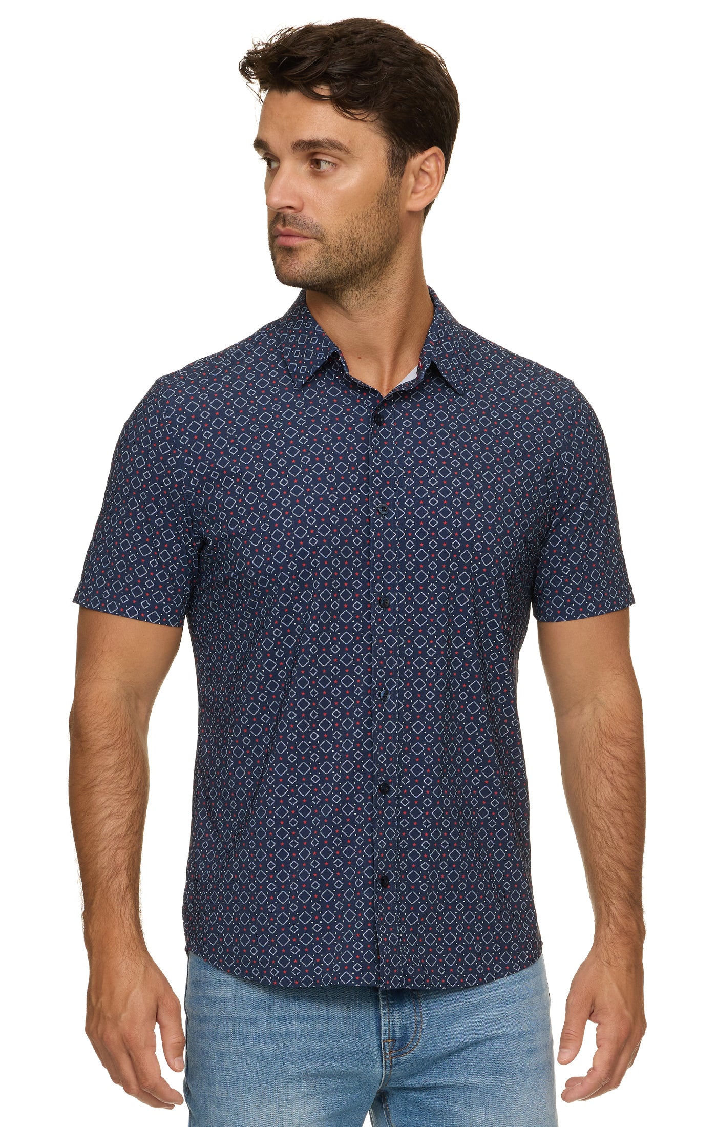 Strongsville SS Star Print Journey Shirt in navy geometric stretch fabric by FLAG & ANTHEM