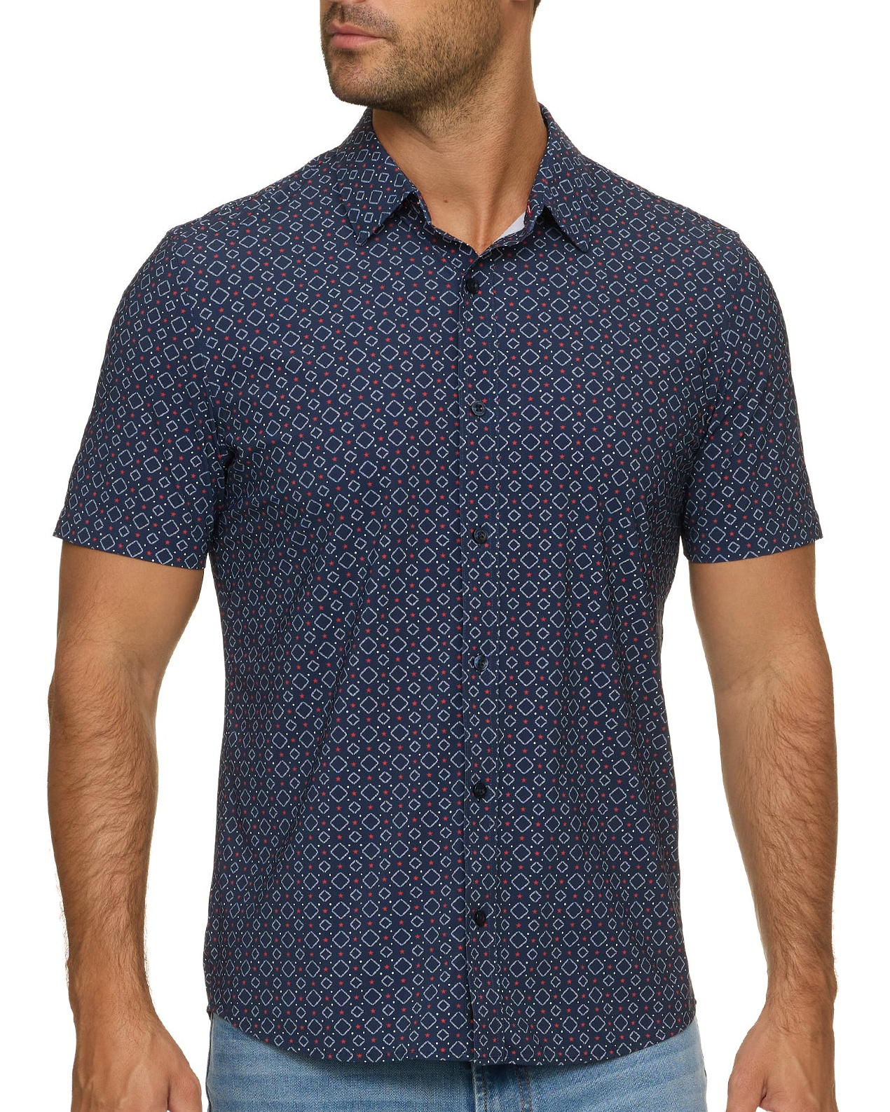 Strongsville SS Star Print Journey Shirt in navy geometric print with stretch fabric by FLAG & ANTHEM
