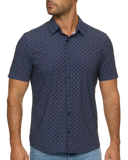 Strongsville SS Star Print Journey Shirt in navy geometric print with stretch fabric by FLAG & ANTHEM