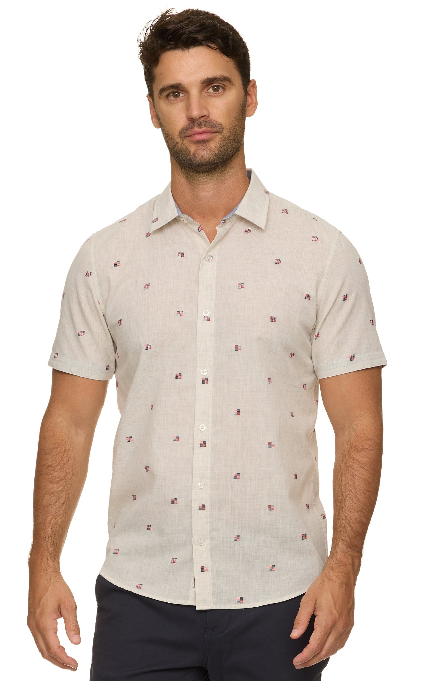 Indio SS Americana Embroidery Print Shirt in beige geometric pattern, stretch fabric by FLAG & ANTHEM