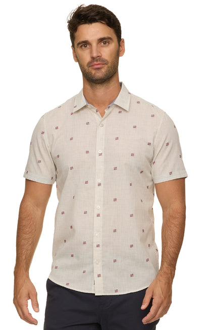 Indio SS Americana Embroidery Print Shirt in beige geometric pattern, stretch fabric by FLAG & ANTHEM