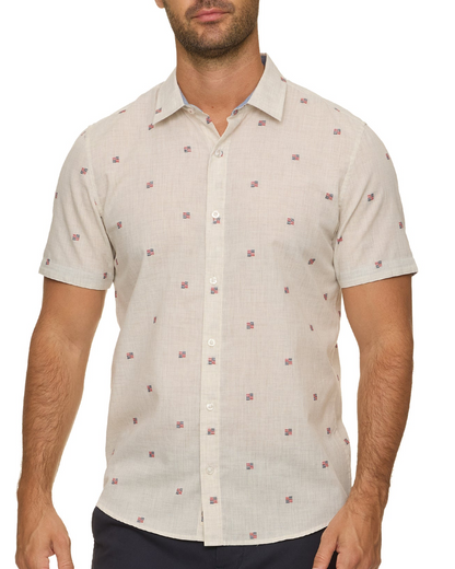 Indio SS Americana Embroidery Print Shirt in beige geometric pattern by FLAG & ANTHEM at HCO Texas