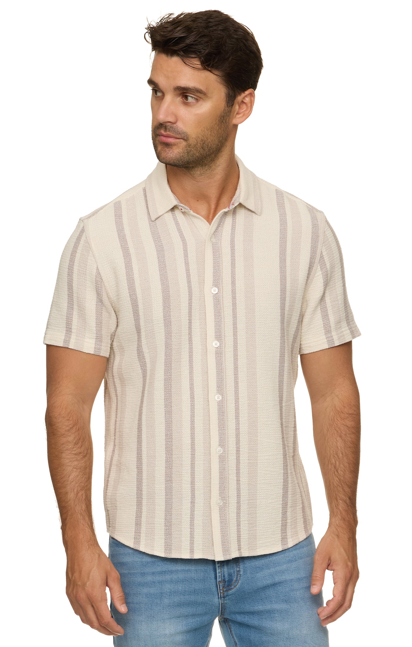 Orleans SS Stripe Textured Shirt in breathable striped fabric, men's short sleeve by FLAG & ANTHEM