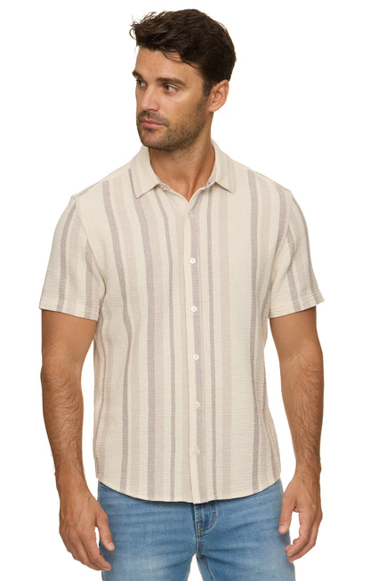 Orleans SS Stripe Textured Shirt in breathable striped fabric, men's short sleeve by FLAG & ANTHEM