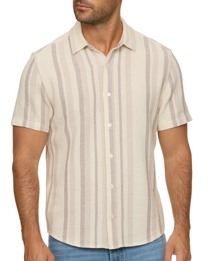 Orleans SS Stripe Textured Shirt in beige striped pattern by FLAG & ANTHEM at HCO Fredericksburg