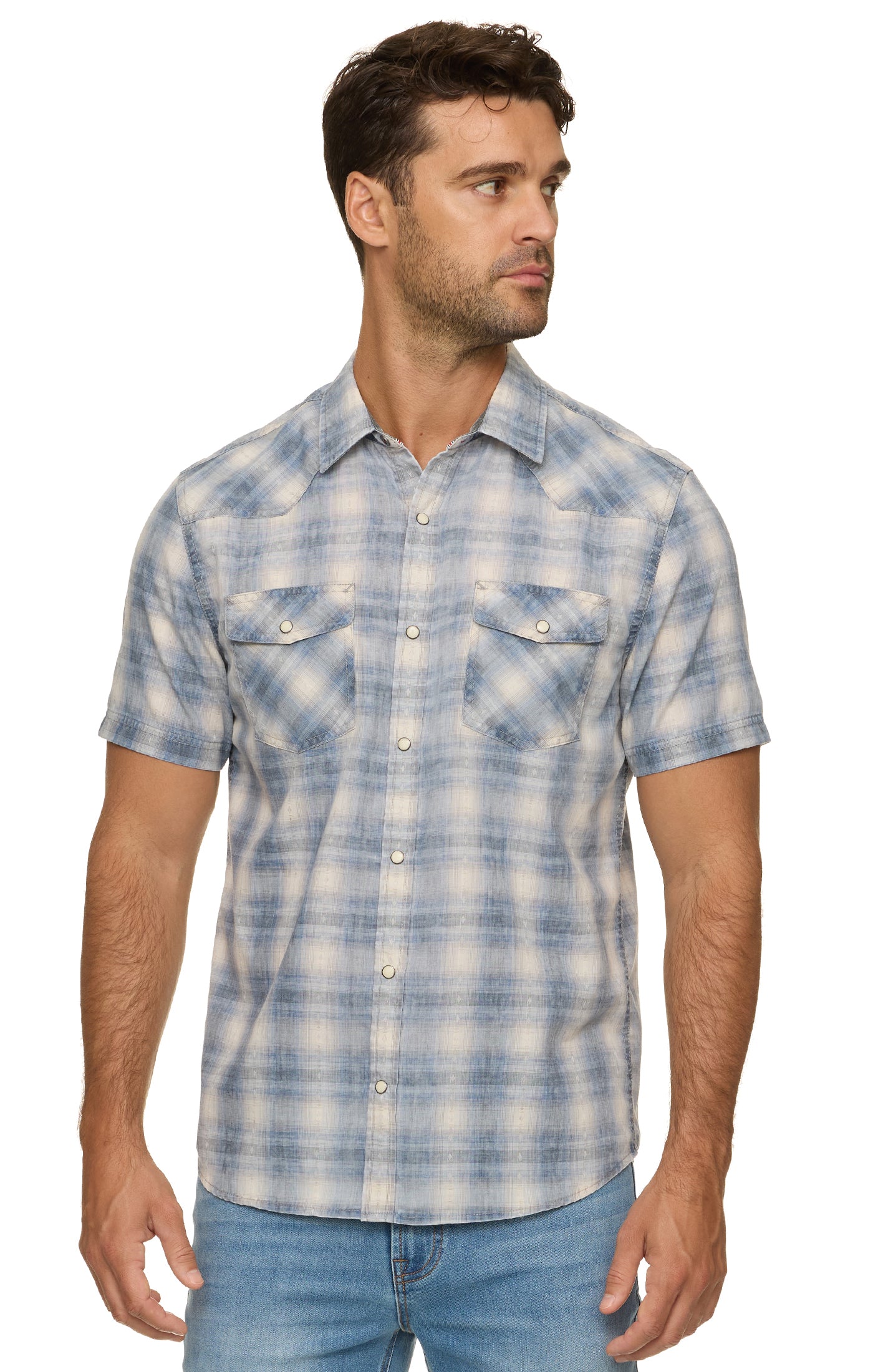 Bourne SS Vintage Soft Plaid Western Shirt in faded blue plaid, men's breathable short sleeve
