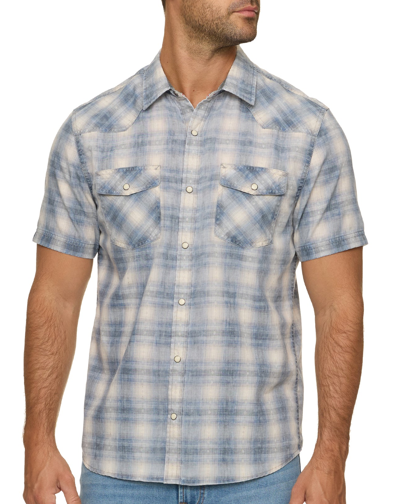 Bourne SS Vintage Soft Plaid Western Shirt in blue soft fabric, men's short sleeve by FLAG & ANTHEM