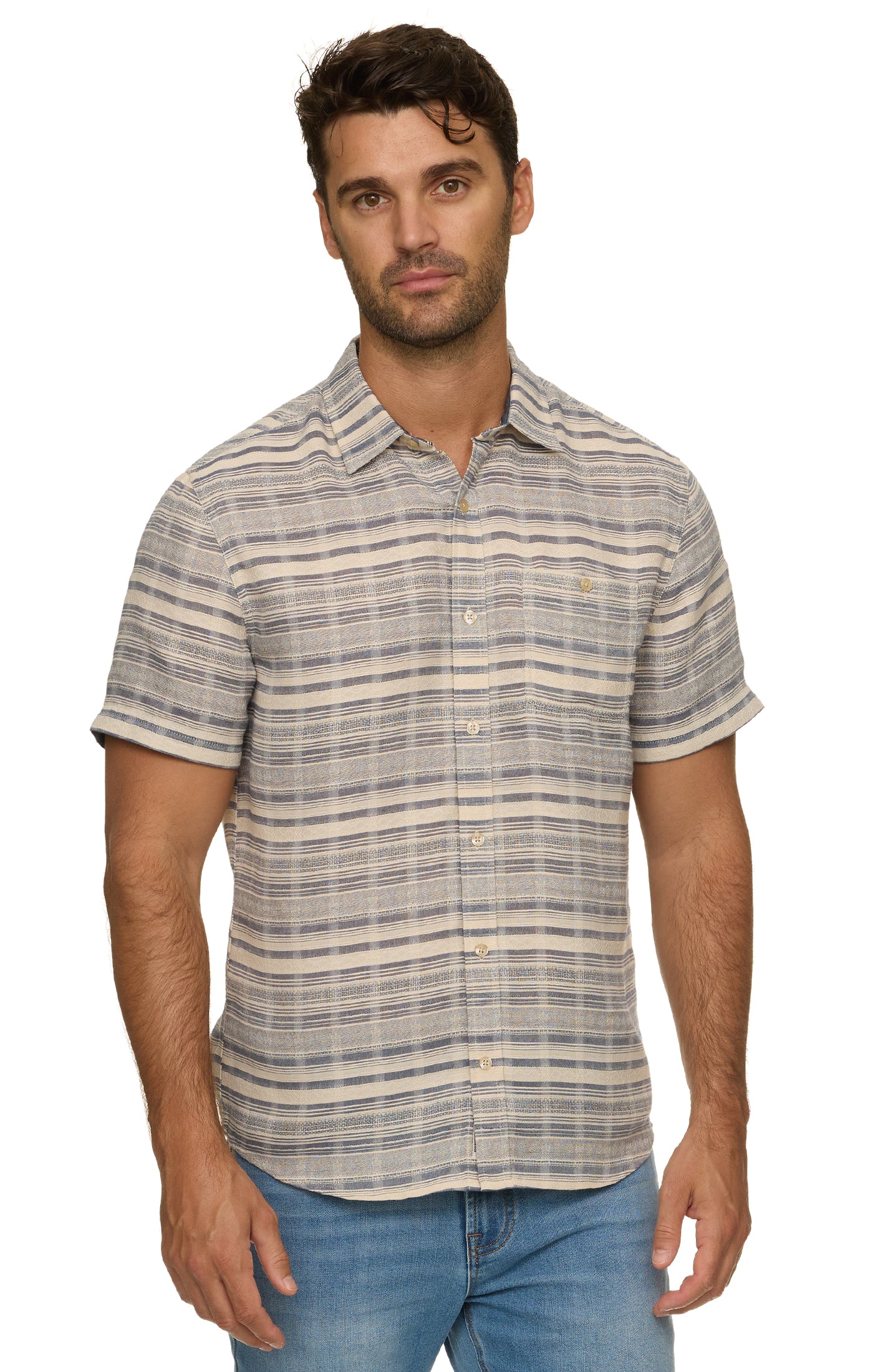 Rockledge SS Stripe Shirt with soft blue and beige horizontal stripes in breathable cotton blend