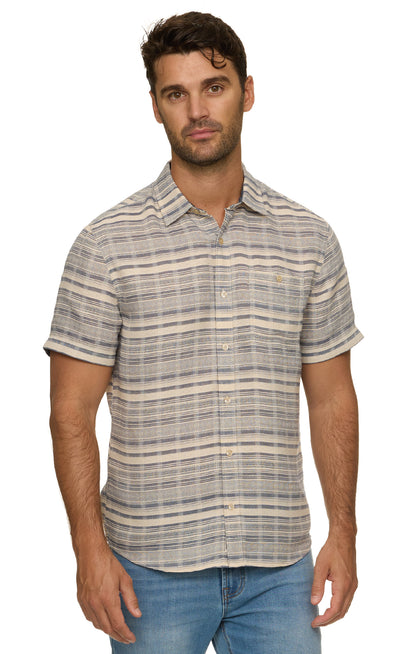 Rockledge SS Stripe Shirt with soft blue and beige horizontal stripes in breathable cotton blend