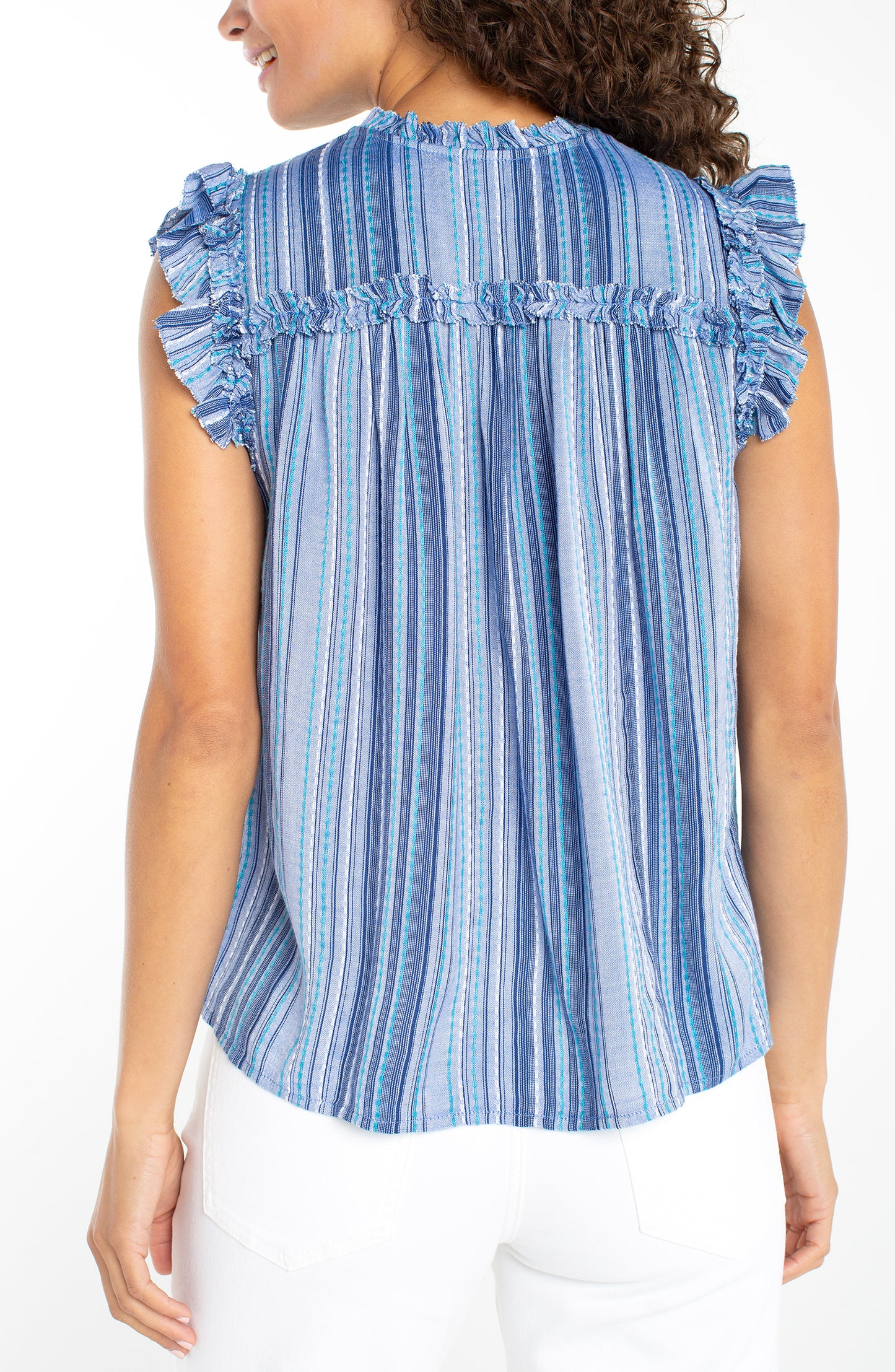 Flutter Slv Ruffled Woven Top in blue stripes with ruffled sleeves, from LIVERPOOL LOS ANGELES