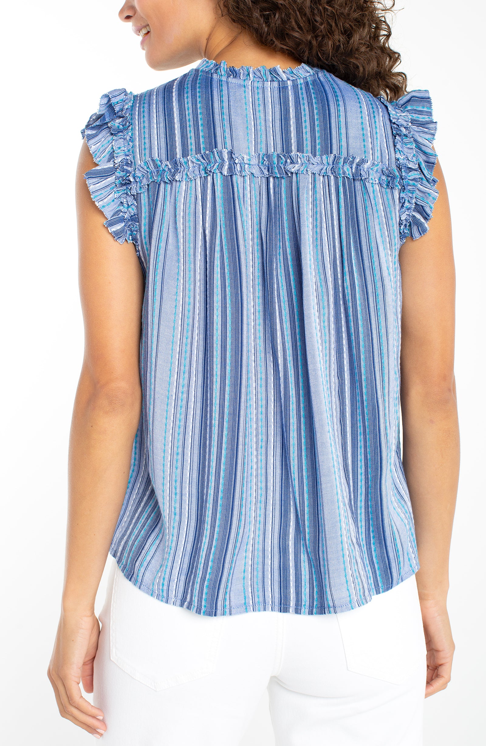 Flutter Slv Ruffled Woven Top in blue stripes with ruffled sleeves, from LIVERPOOL LOS ANGELES