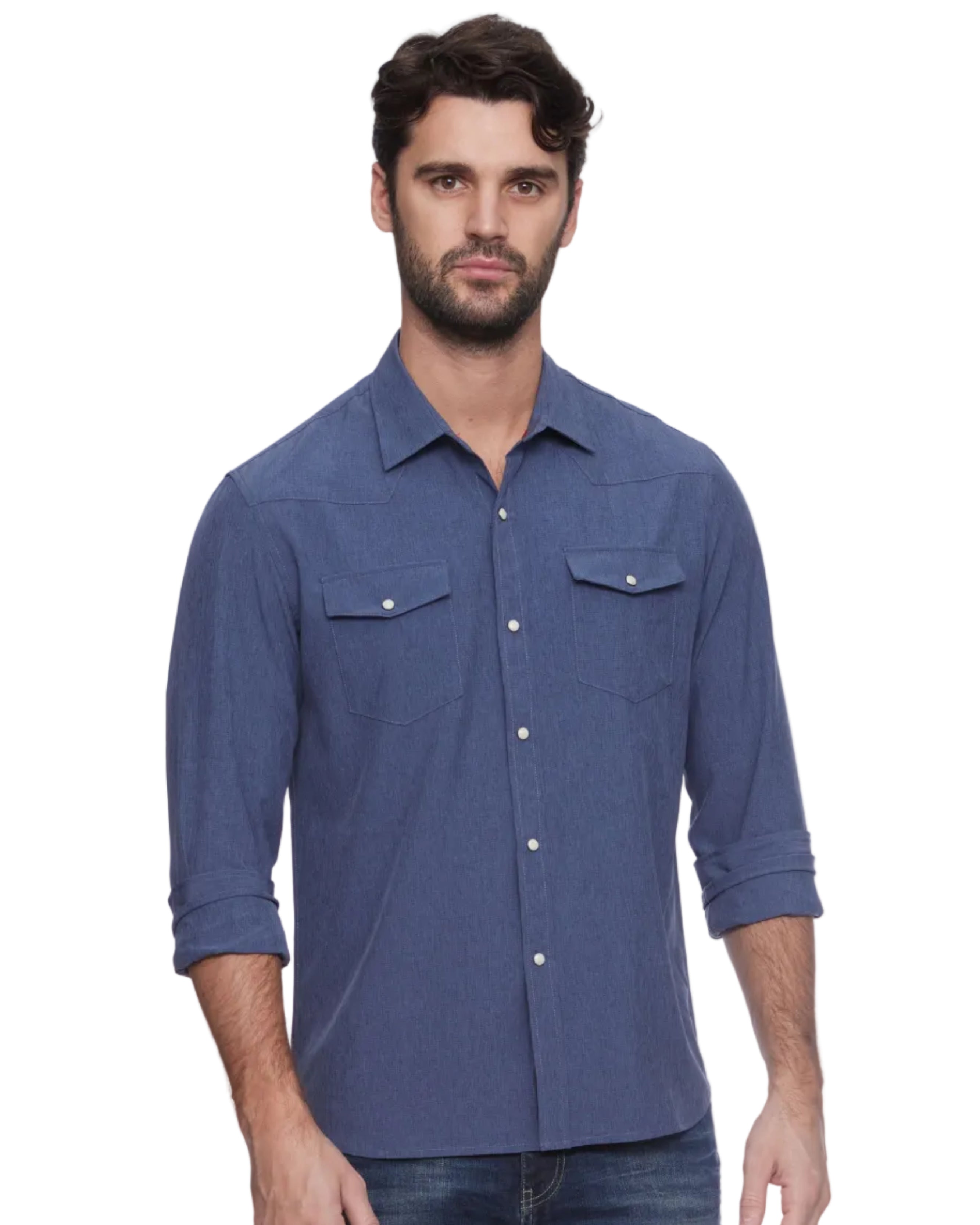 Deming LS Performance Western Shirt in navy with pearl snaps and front pockets by FLAG & ANTHEM