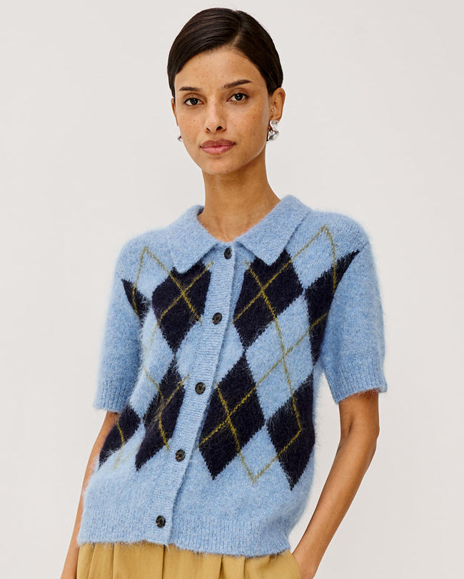 Kelly - Argyle soft blue sweater with short sleeves and button front by RAILS