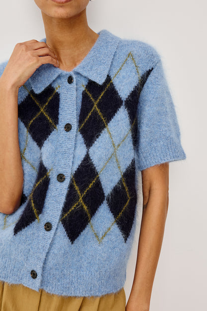 Kelly - Argyle blue short sleeve sweater with black and green argyle pattern by RAILS