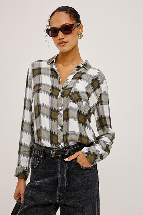 Hunter - Olive Ivory plaid long sleeve shirt styled with black jeans by RAILS boutique