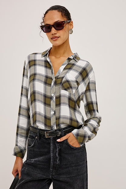 Hunter - Olive Ivory plaid long sleeve shirt styled with black jeans by RAILS boutique