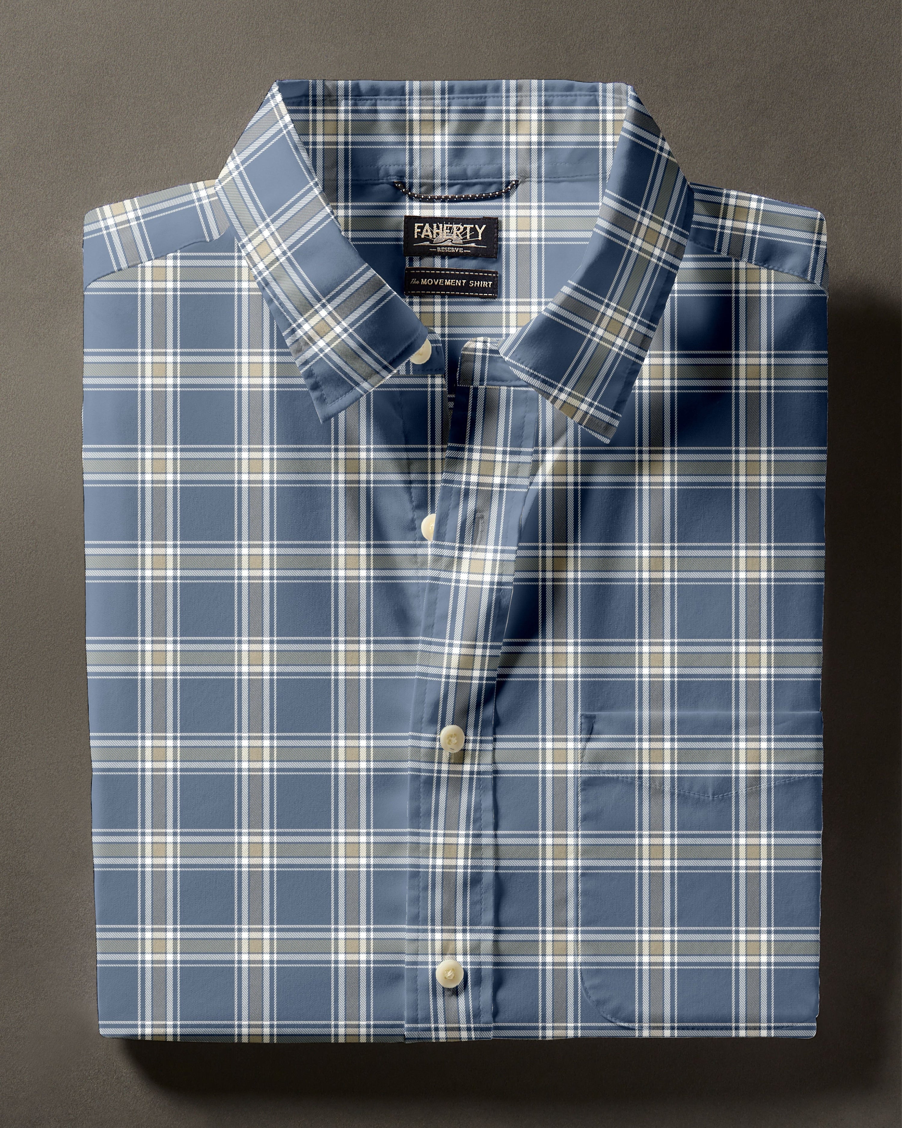 Folded blue and white plaid button-down shirt on a neutral background