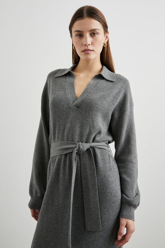 Dru grey knit dress with collar and waist tie, Rails Women's collection, Fredericksburg TX boutique