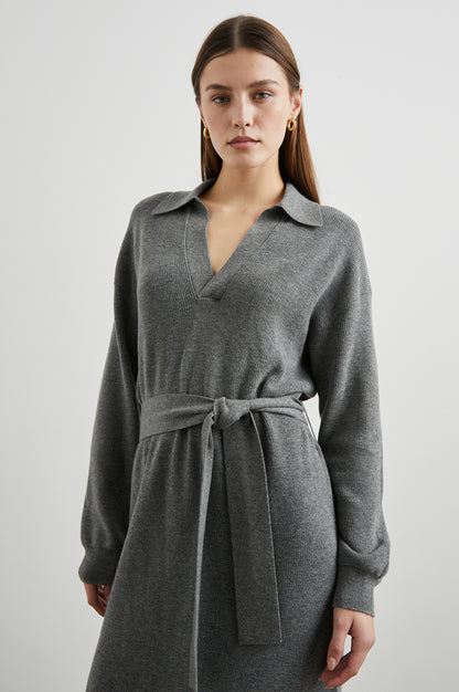 Dru grey knit dress with collar and waist tie, Rails Women's collection, Fredericksburg TX boutique