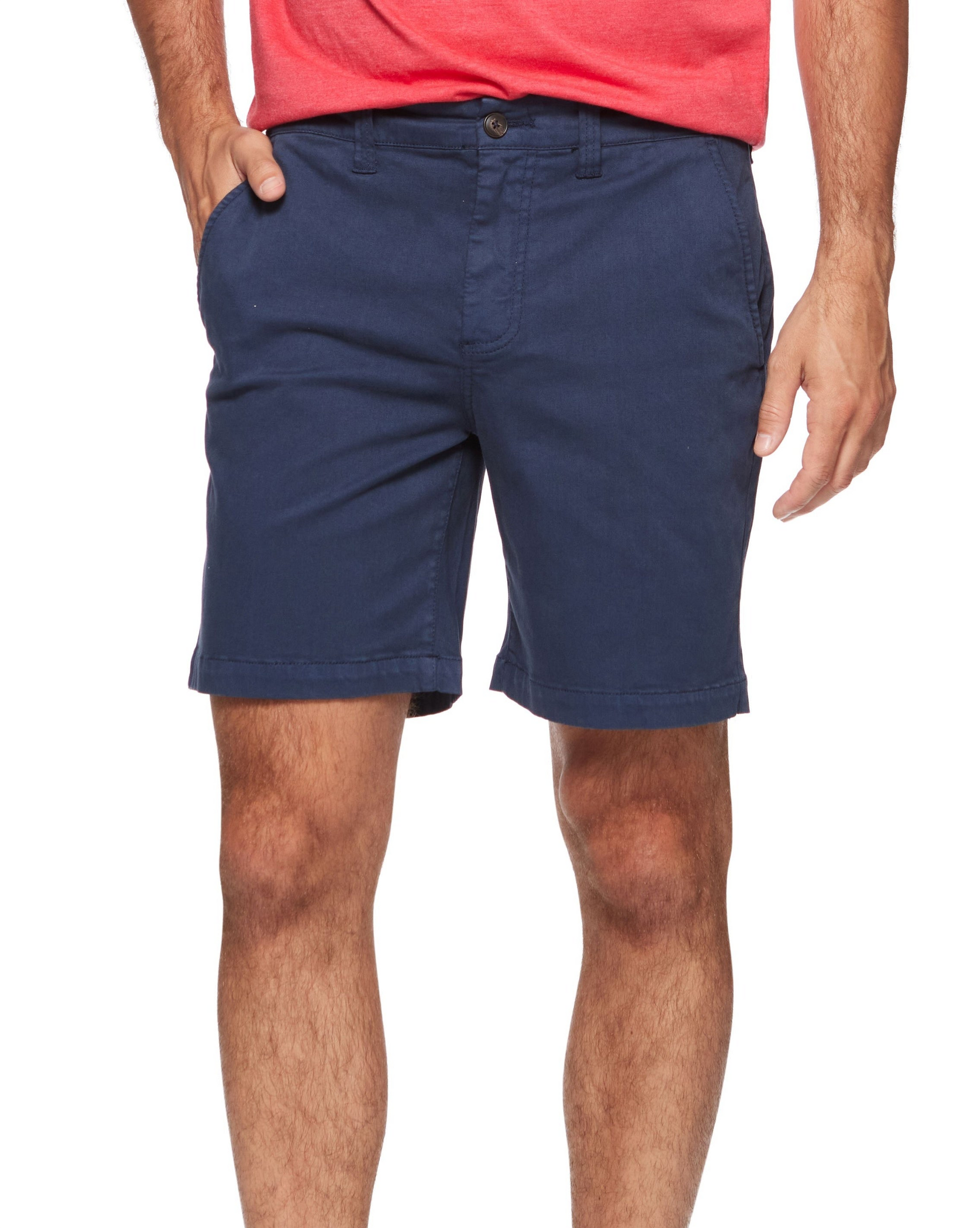 8-inch dyed chino shorts, dark navy wash, zip fly and button closure