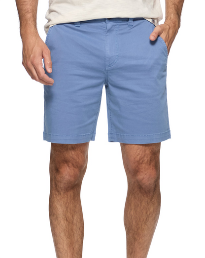 8-inch dyed chino shorts, medium blue wash, zip fly and button closure