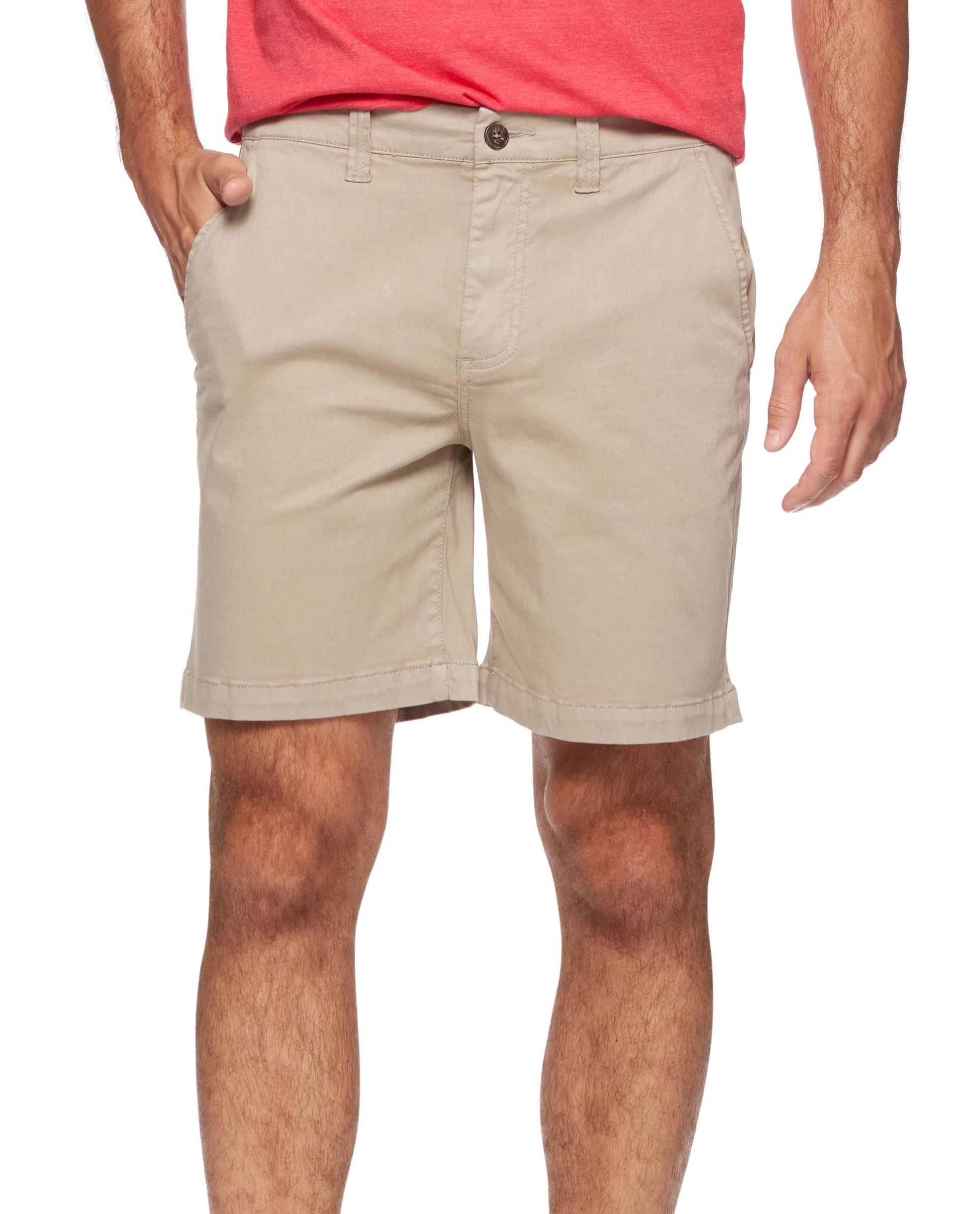 8-inch dyed chino shorts, light khaki/tan, button waist and side pockets